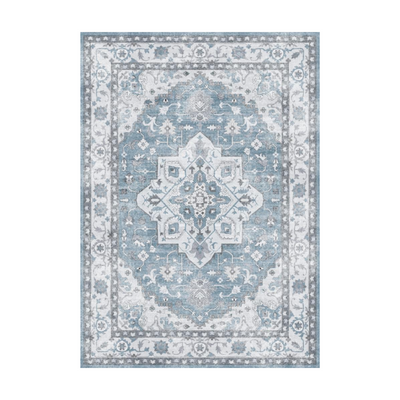 Eldora Vintage Washable Rug in blue and gray, intricate pattern, perfect for living room or bedroom.