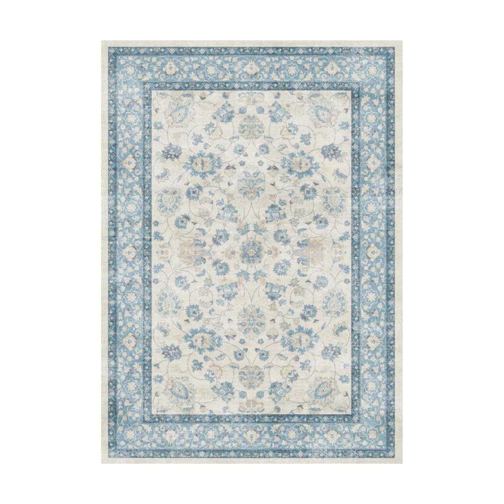 Eleutheria Vintage Washable Rug, blue floral pattern with a beige background