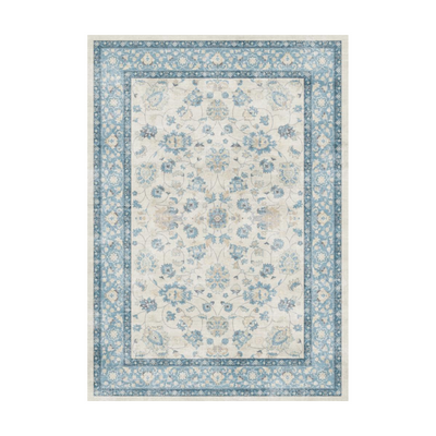 Eleutheria Vintage Washable Rug, blue floral pattern with a beige background