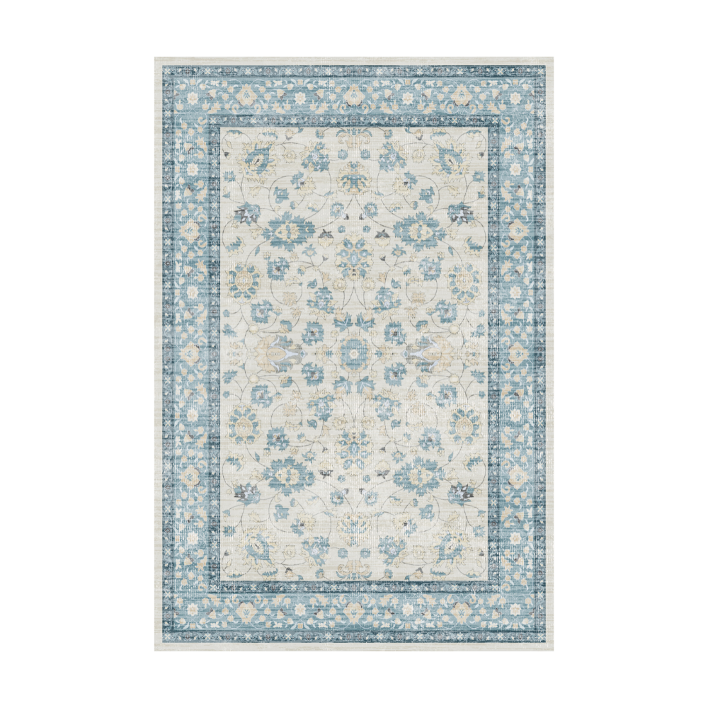 Eleutheria Vintage Washable Rug, blue floral pattern, beige background. Machine washable area rug.