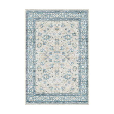 Eleutheria Vintage Washable Rug, blue floral pattern, beige background. Machine washable area rug.