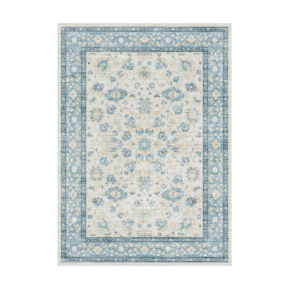 Eleutheria Vintage Washable Rug, blue floral pattern on beige background, perfect for washable area rugs.