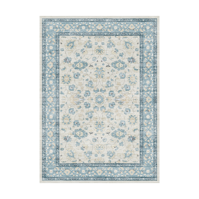 Eleutheria Vintage Washable Rug, blue floral pattern on beige background, perfect for washable area rugs.