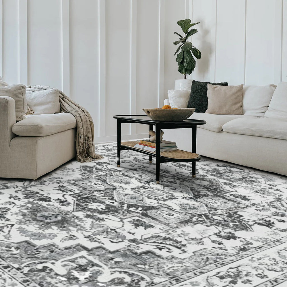 Endymion Vintage Washable Rug in living room, gray floral pattern, power-loomed.
