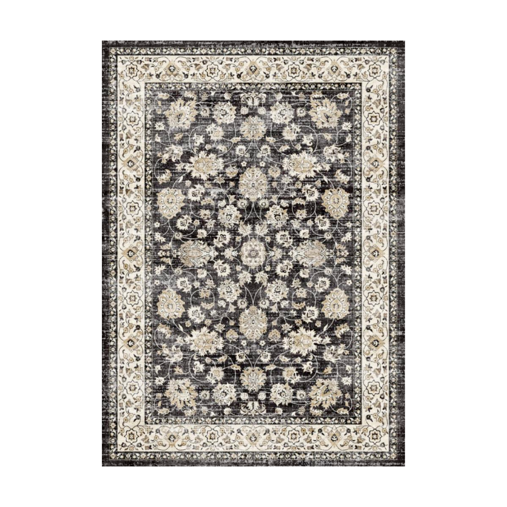 Eowyn Vintage Washable Rug in black with floral design, machine-washable rug