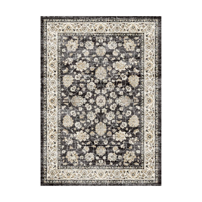 Eowyn Vintage Washable Rug in black with floral design, machine-washable rug