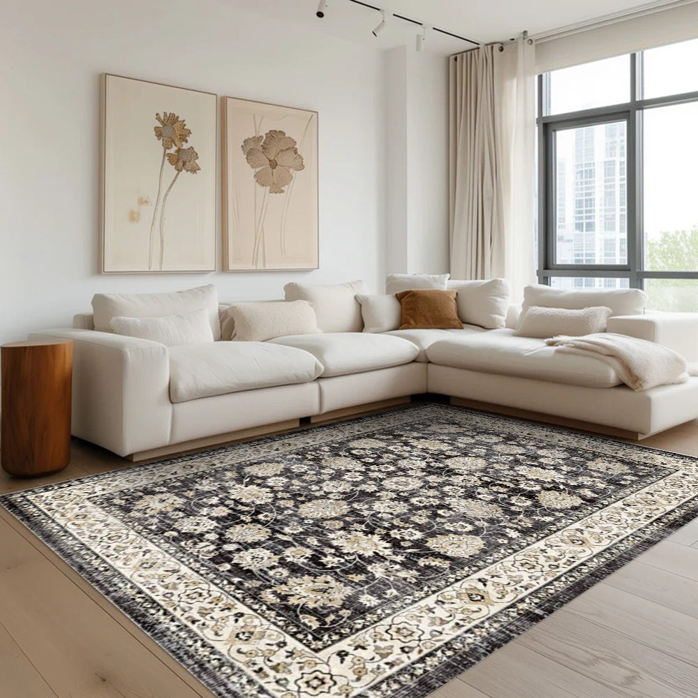 Eowyn vintage washable rug in a living room setting, showcasing floral design and machine washable feature