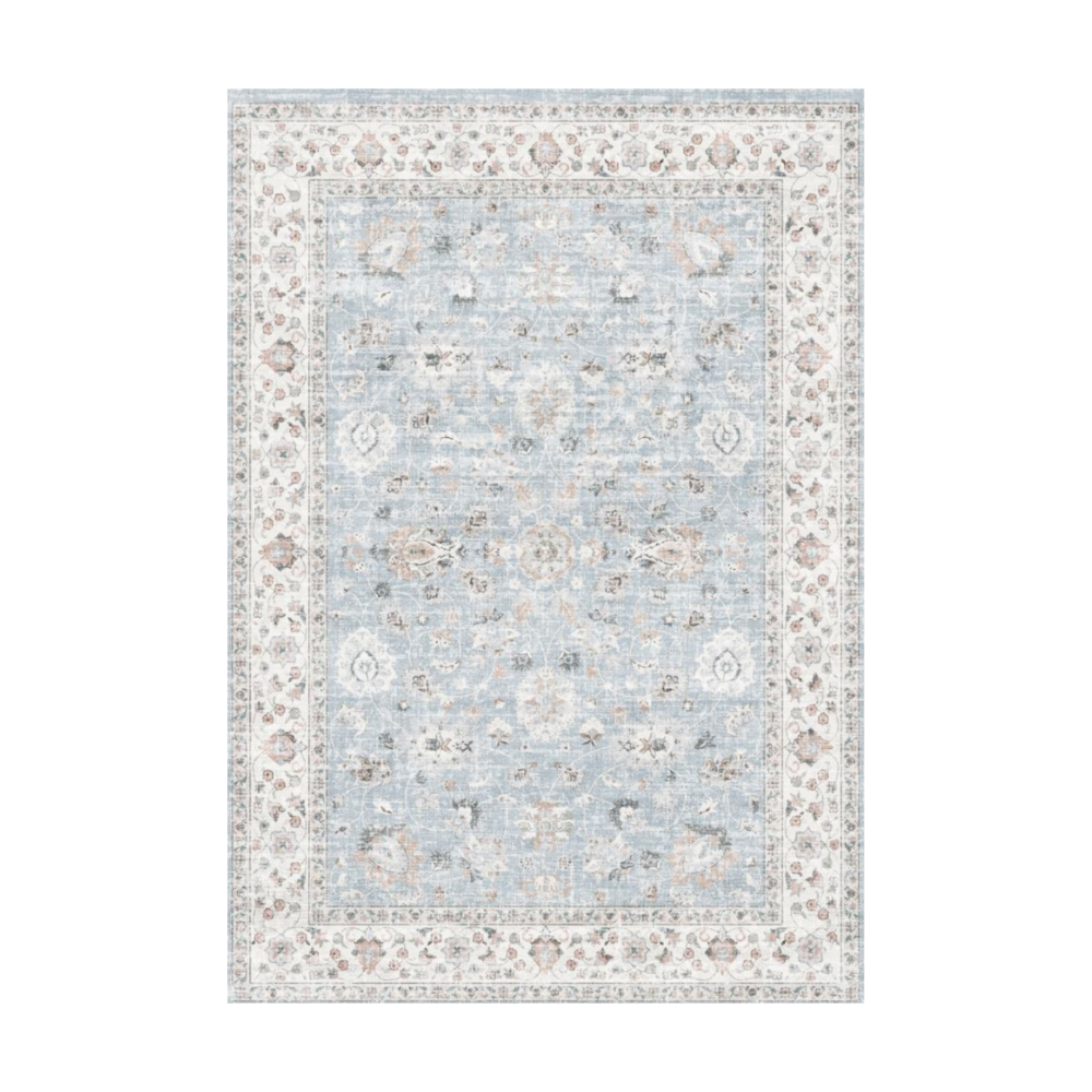 Tranquil Persian Washable Rug in Light Blue with Floral Pattern