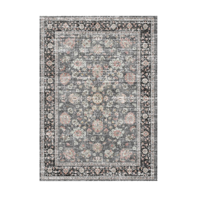 Eclipse Persian Washable Rug, gray and black floral design with pink and white accents. 100% polyester, power loomed.