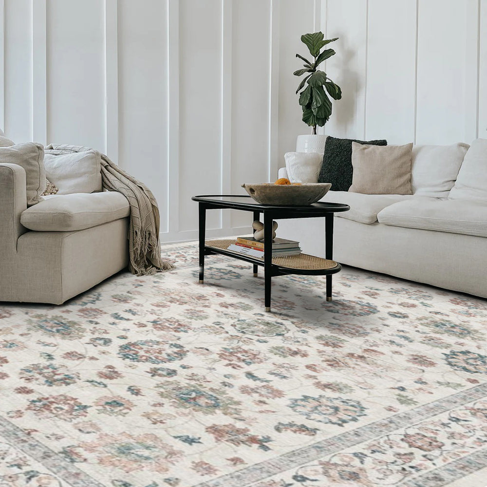Pastel Persian washable area rug in a living room setting with floral design, machine washable.