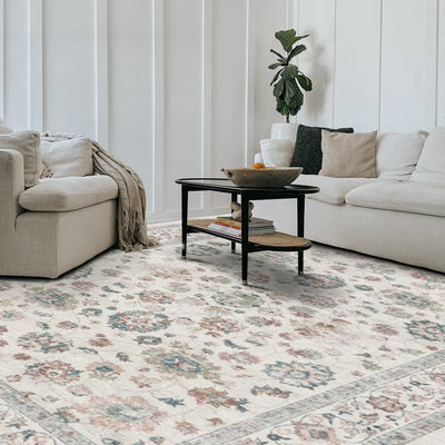 Pastel Persian washable area rug in a living room setting with floral design, machine washable.