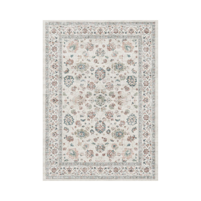 Pastel Persian washable area rug, floral design with ivory and muted pastel tones, machine washable