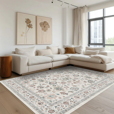 Pastel floral washable area rug in a living room setting, machine washable area rugs