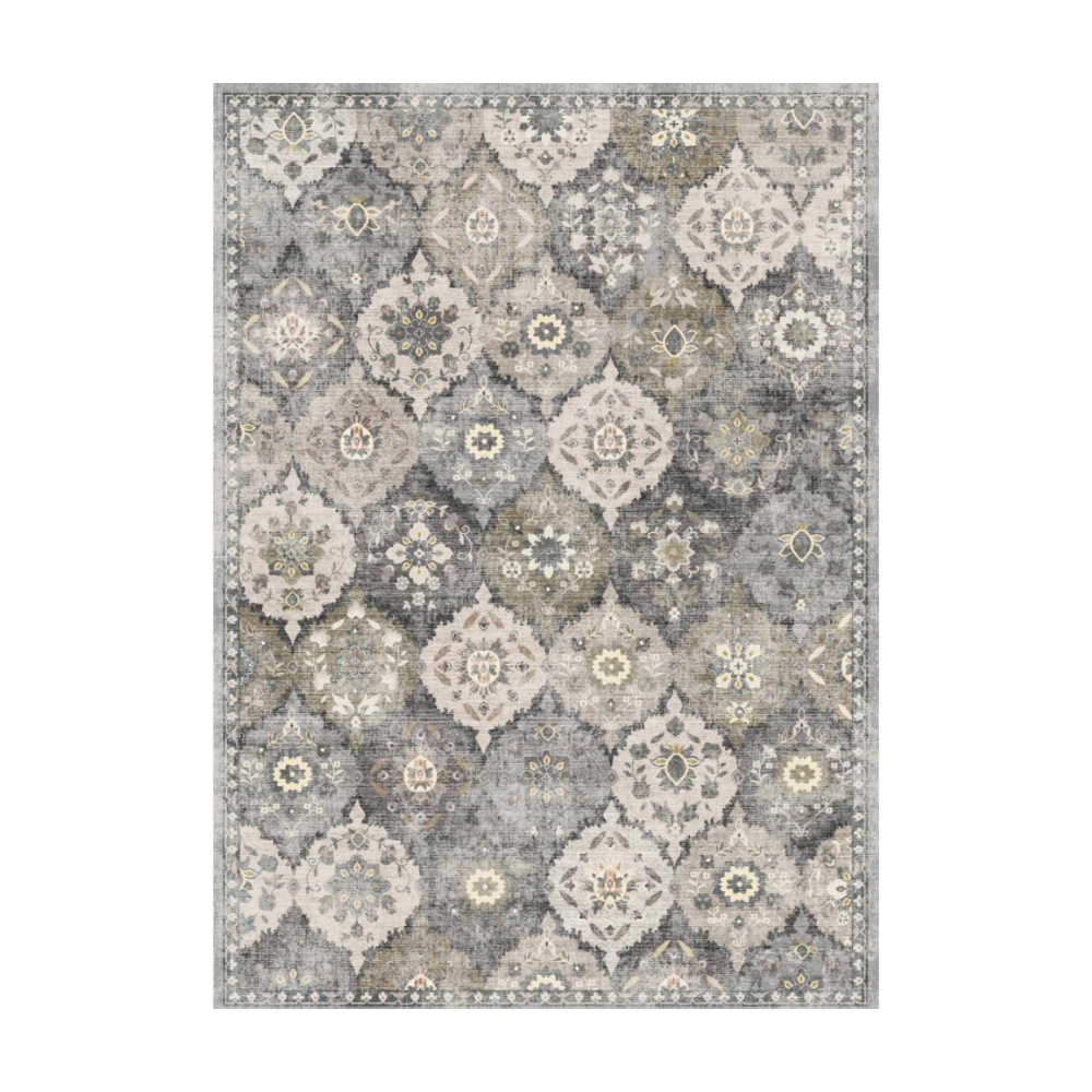 Storm Persian Washable Rug, gray and beige floral pattern, machine washable area rug
