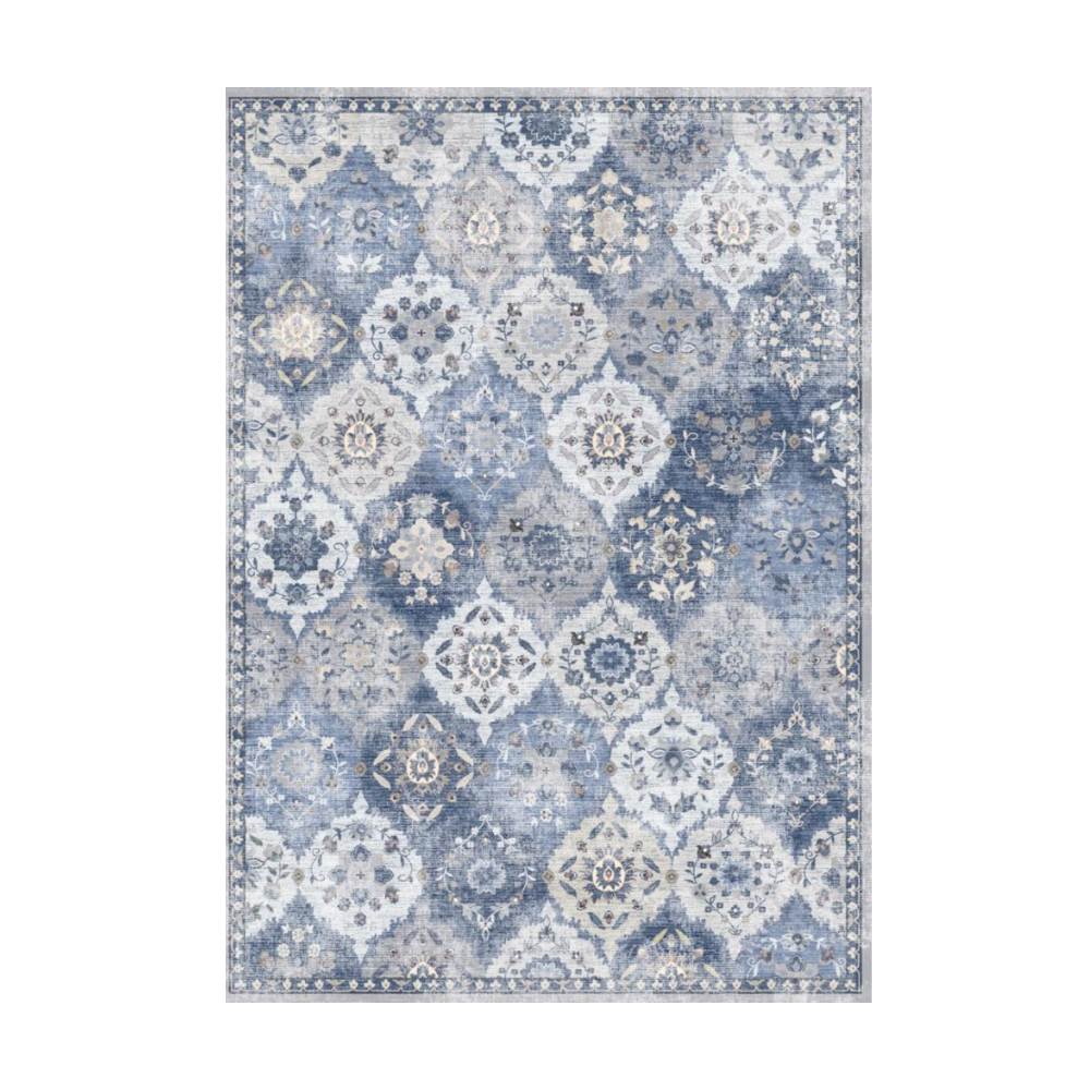 Marine Persian Washable Rug in blue and gray, featuring an ornate floral pattern for living rooms and bedrooms.