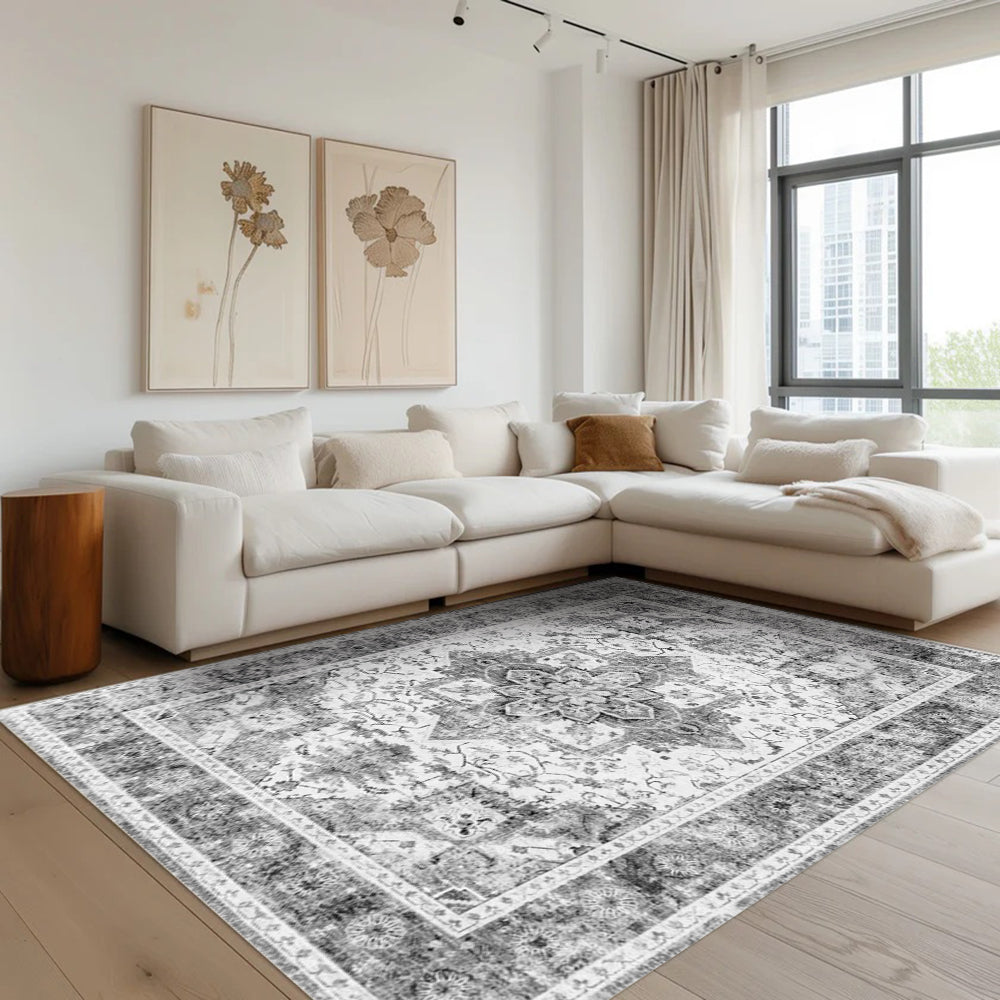 Onyx Persian washable rug. Gray and white medallion design, 100% polyester. Enhancing living room aesthetics.