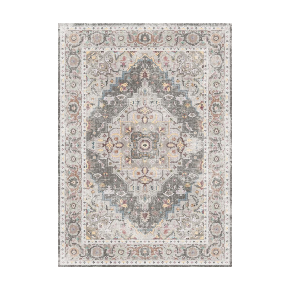 Silverstone Persian Washable Rug, grey and beige tones, intricate pattern, power-loomed for durability.