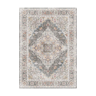 Silverstone Persian Washable Rug, grey and beige tones, intricate pattern, power-loomed for durability.