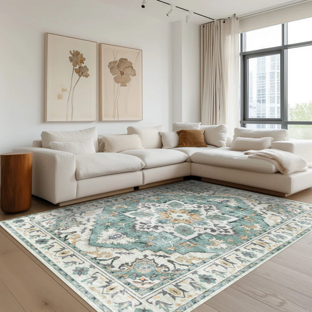 Cypress Persian washable rug in a modern living room, showcasing turquoise and ivory distressed pattern