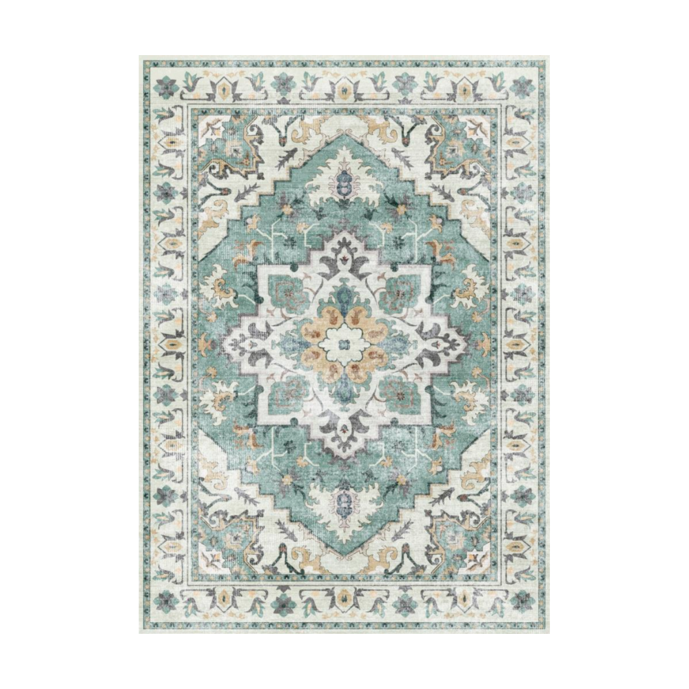 Cypress Persian Washable Rug, featuring a distressed turquoise and ivory pattern, perfect for living rooms and bedrooms.