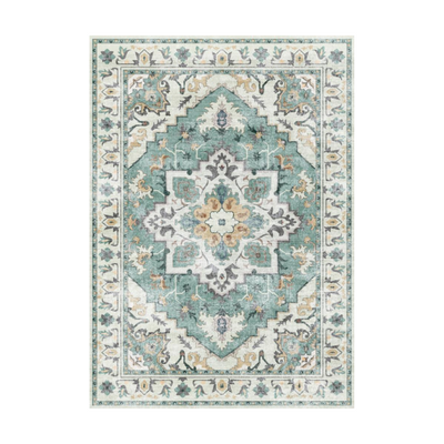 Cypress Persian Washable Rug, featuring a distressed turquoise and ivory pattern, perfect for living rooms and bedrooms.