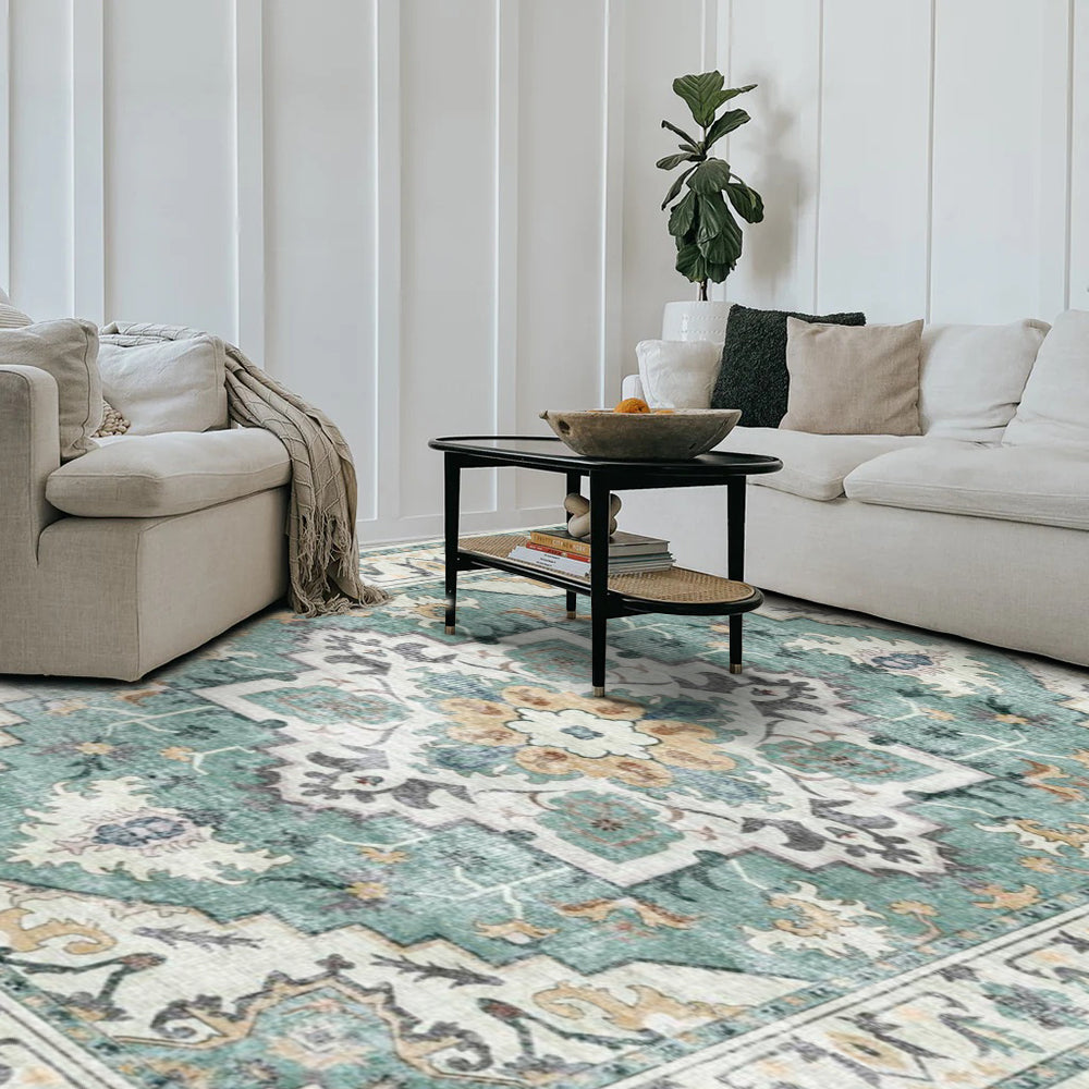 Cypress Persian Washable Rug in living room setting, turquoise and ivory distressed pattern, modern home decor