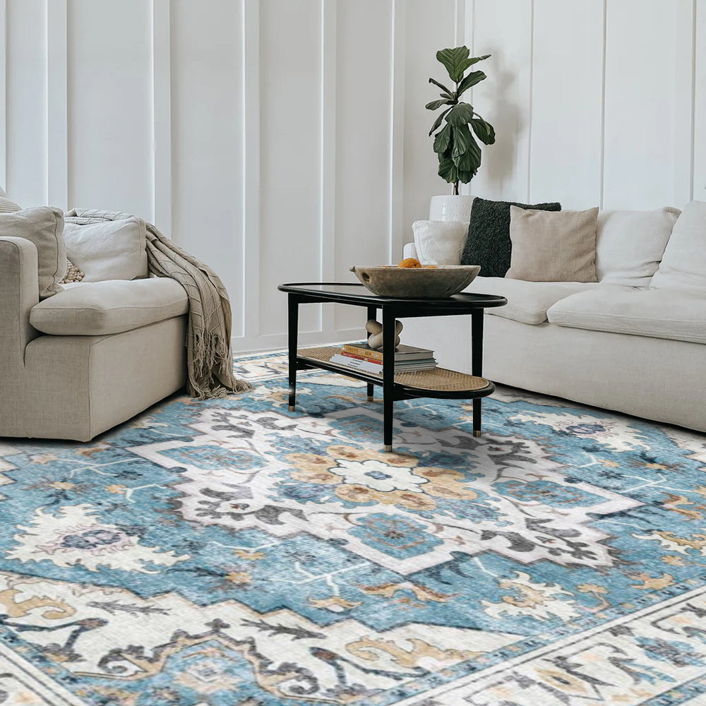 Bluebell Persian Washable Rug in a living room. Blue and cream medallion design. Machine washable area rug.