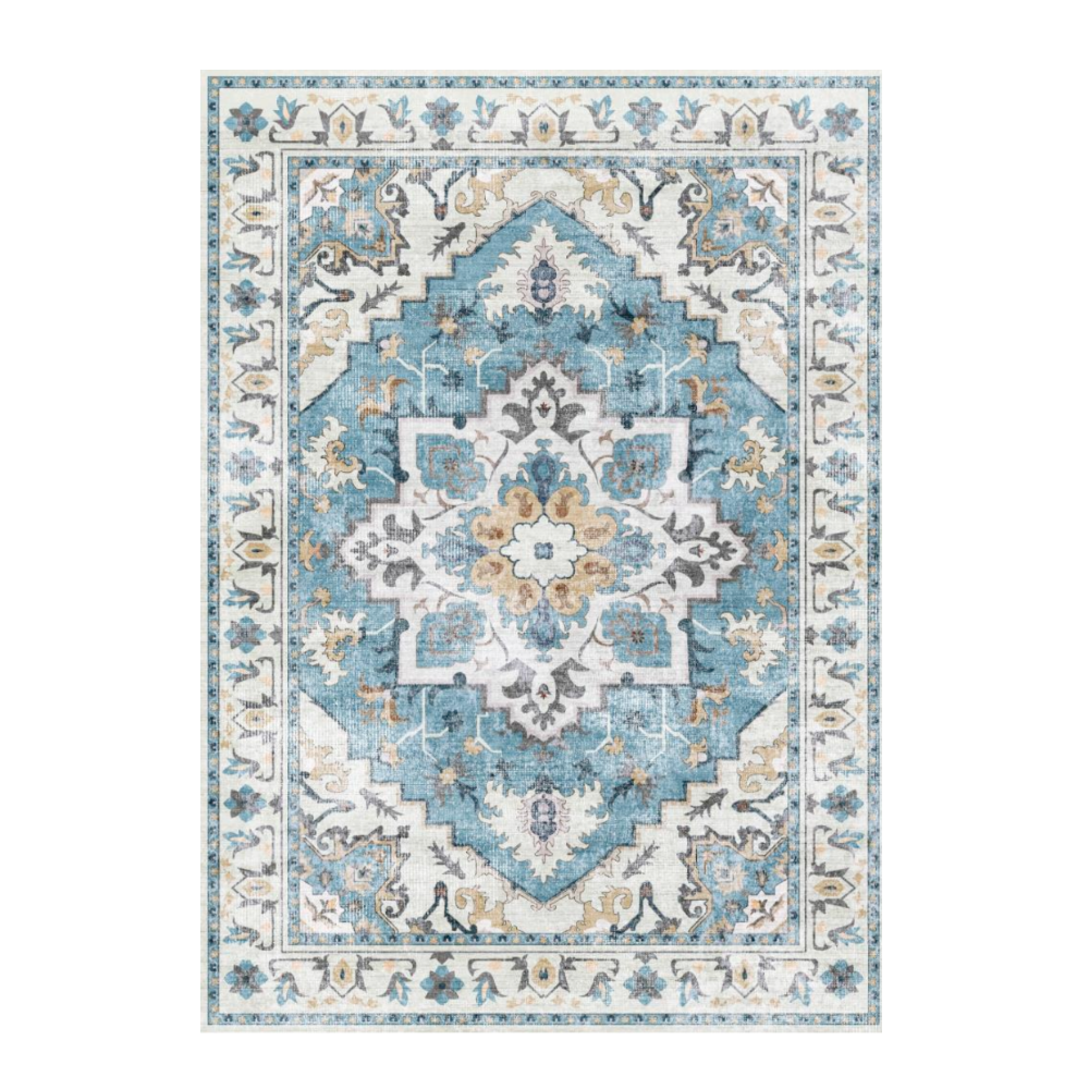 Bluebell Persian Washable Rug, blue and cream medallion design, suitable for living rooms and bedrooms