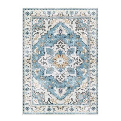 Bluebell Persian Washable Rug, blue and cream medallion design, suitable for living rooms and bedrooms