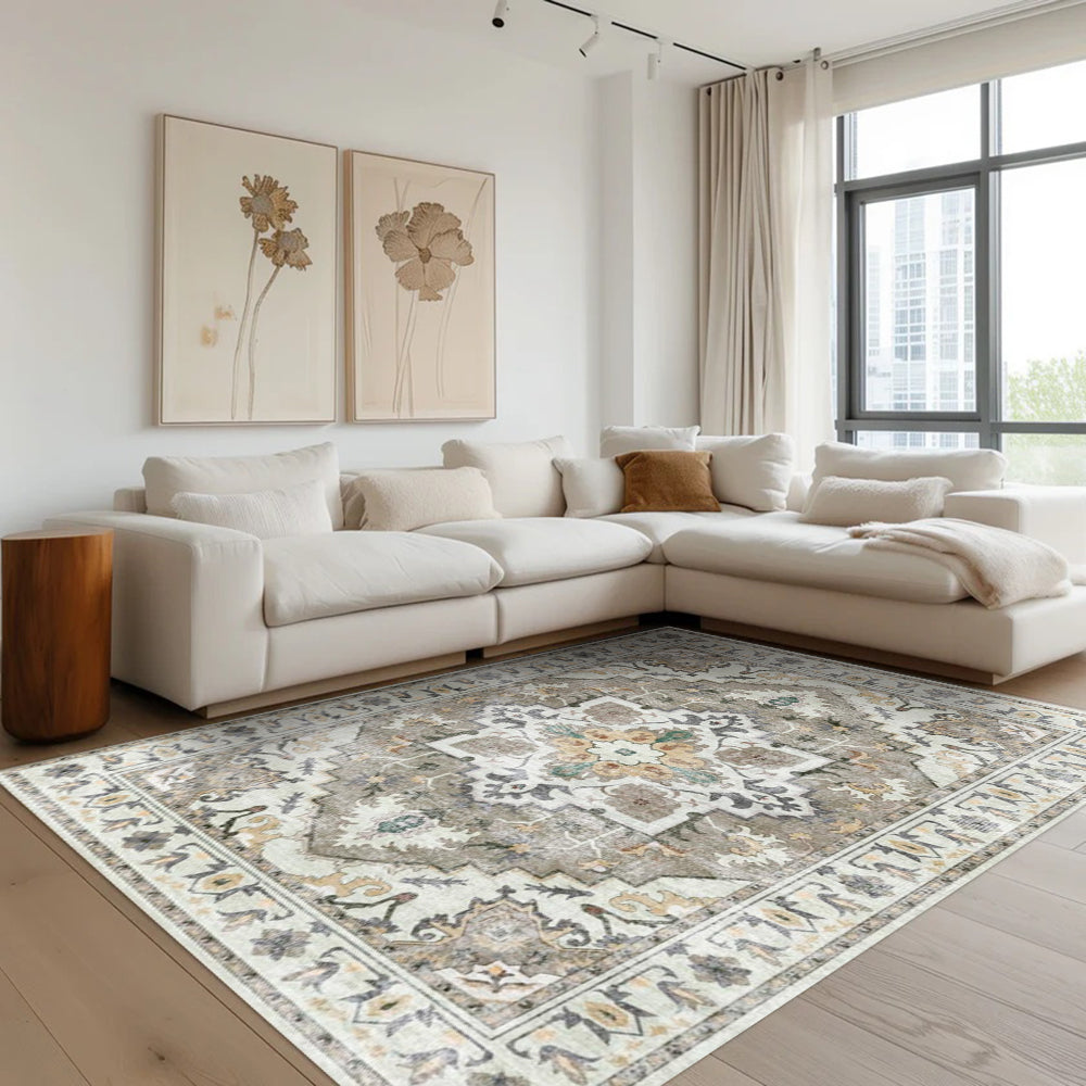 Nimbus Persian washable rug in a living room setting, featuring a detailed gray and cream pattern.
