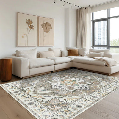 Nimbus Persian washable rug in a living room setting, featuring a detailed gray and cream pattern.