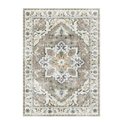 Nimbus Persian Washable Rug. Gray and cream Persian design, power-loomed, custom sizes available.