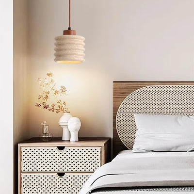 Pendant Lamp Travertine Ripple Shade Walnut Wood Organic Wabi-Sabi - Neutral Decor