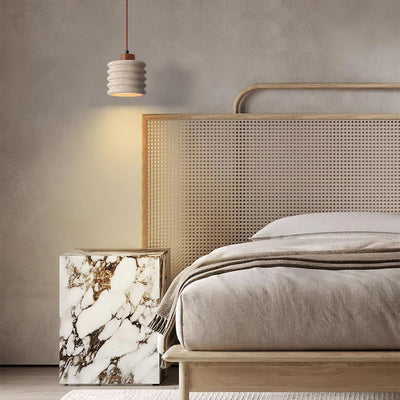 Pendant Lamp Travertine Ripple Shade Walnut Wood Organic Wabi-Sabi - Neutral Decor
