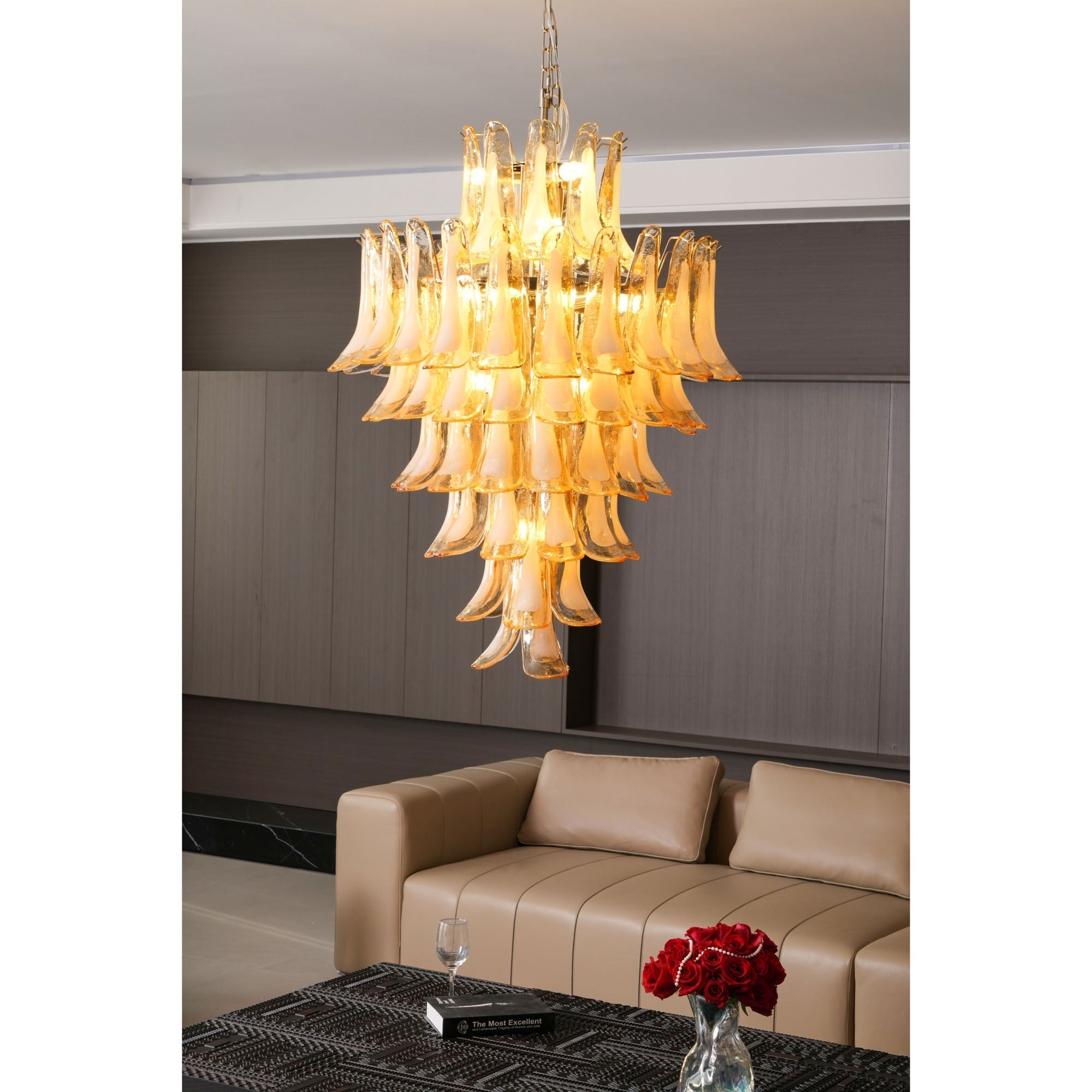 Celalian Chandelier Amber Murano Glass Petal Layered Luxury