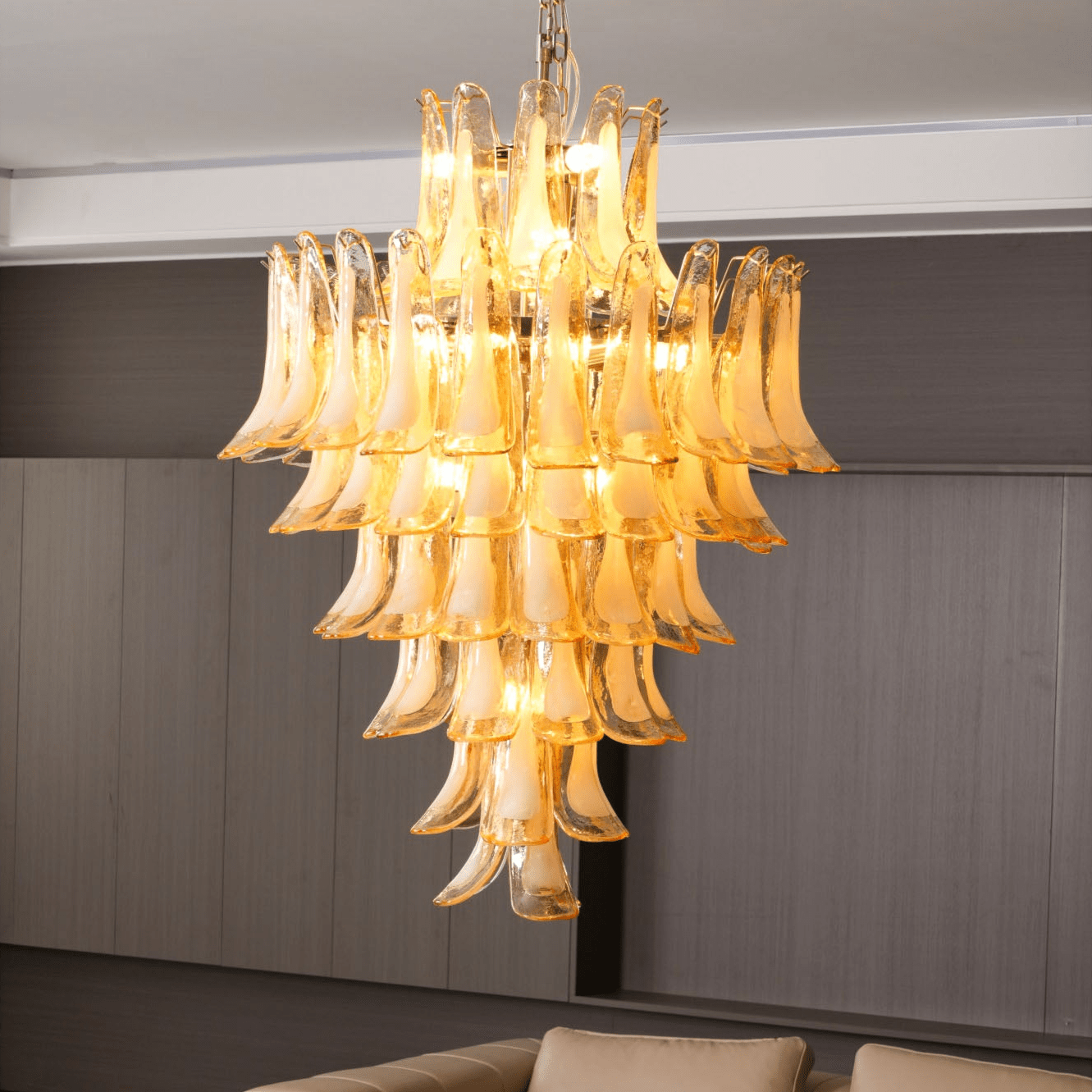 Celalian Chandelier Amber Murano Glass Petal Layered Luxury