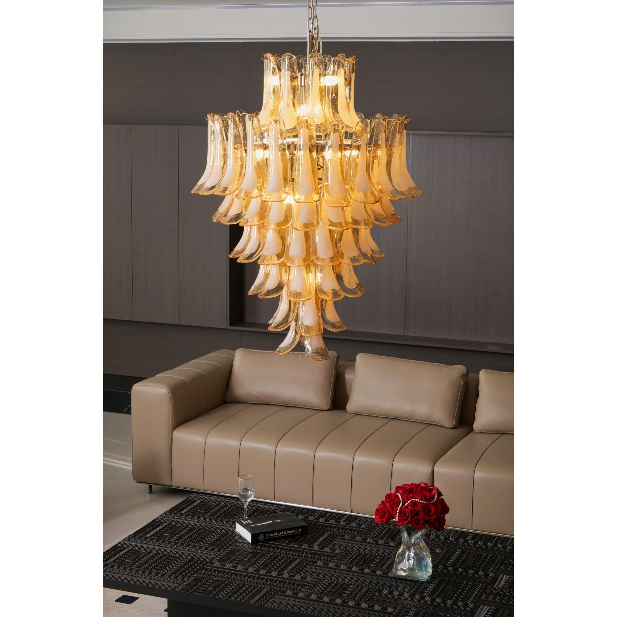 Celalian Chandelier Amber Murano Glass Petal Layered Luxury