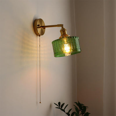 Wall Lamp Brass with Green/Clear Glass Shade and Pull Chain - Neutral Decor