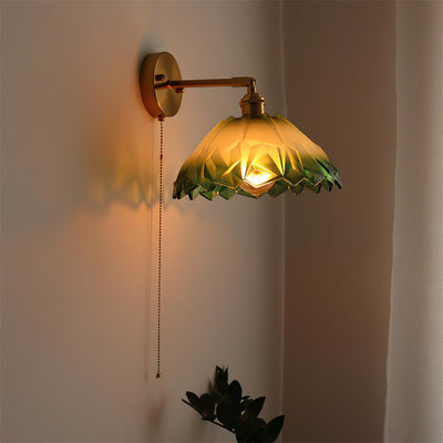 Wall Lamp Brass with Green/Clear Glass Shade and Pull Chain - Neutral Decor