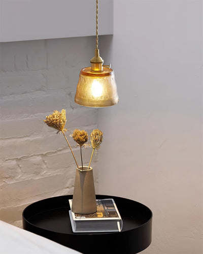 Pendant Lamp Brass and Glass Textured Shade Artisan Vintage Accent - Neutral Decor