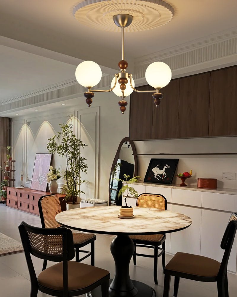 Cemarus Traditional Sphere Walnut Wood Glass Chandelier