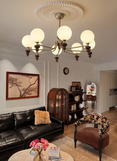 Cemarus Traditional Sphere Walnut Wood Glass Chandelier