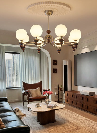 Cemarus Traditional Sphere Walnut Wood Glass Chandelier