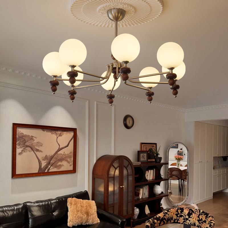 Cemarus Traditional Sphere Walnut Wood Glass Chandelier