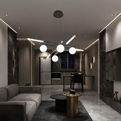 Chandelier Black White Rods and Globe Modern