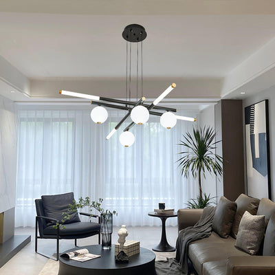 Chandelier Black White Rods and Globe Modern