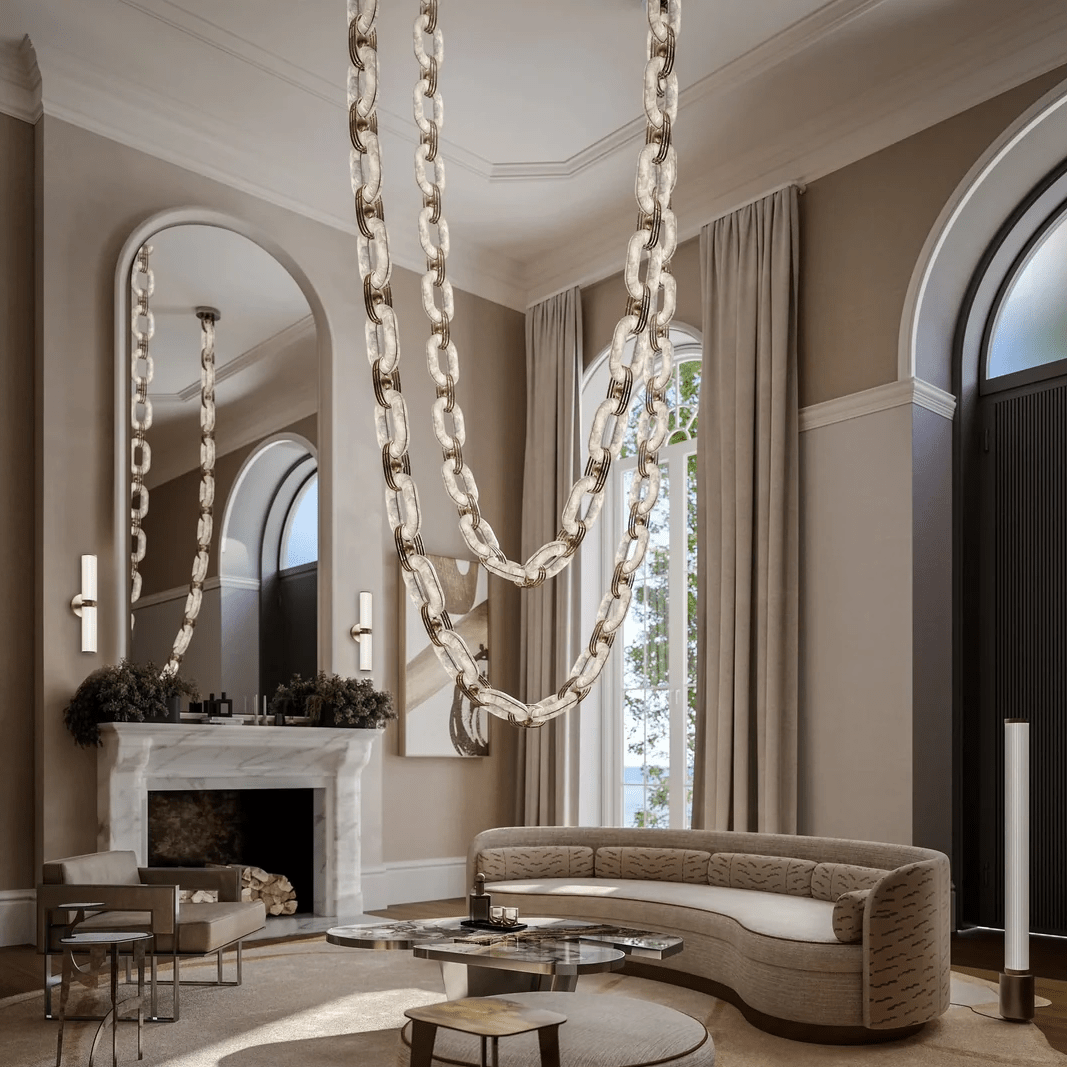 Vesta Chain Link Gold Alabaster Luxury Chandelier Foyer Staircase