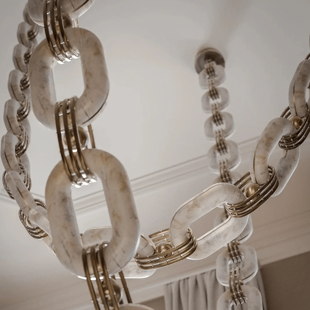 Vesta Chain Link Gold Alabaster Luxury Chandelier Foyer Staircase