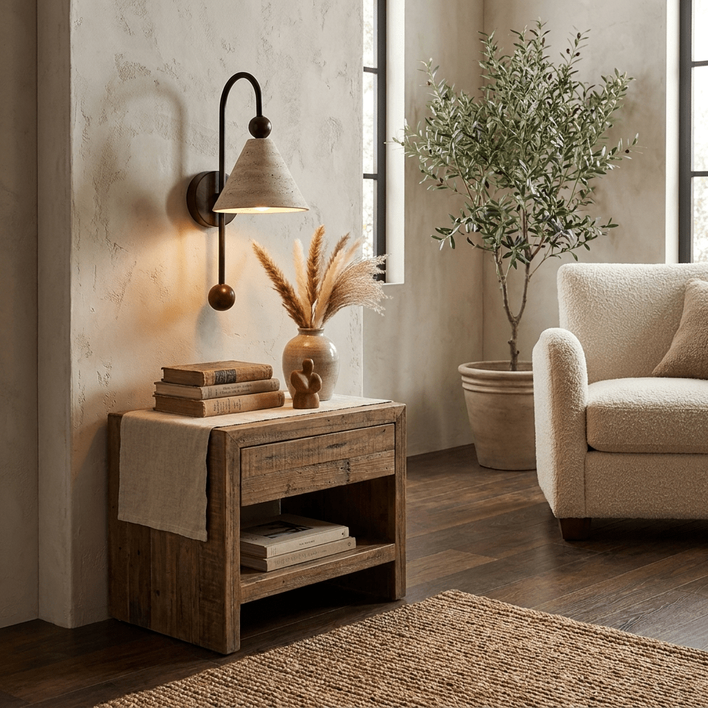 Cone Travertine Arc Wall Sconce Walnut-wood