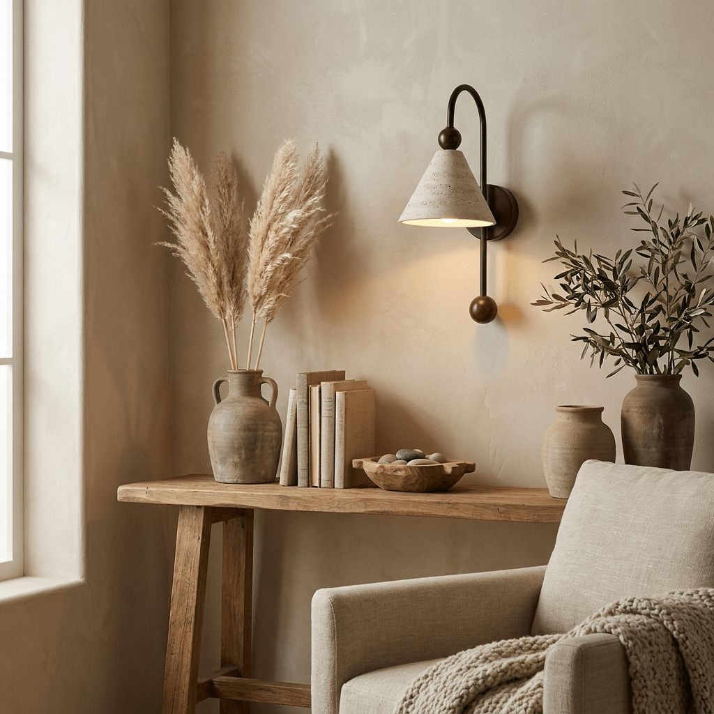 Cone Travertine Arc Wall Sconce Walnut-wood